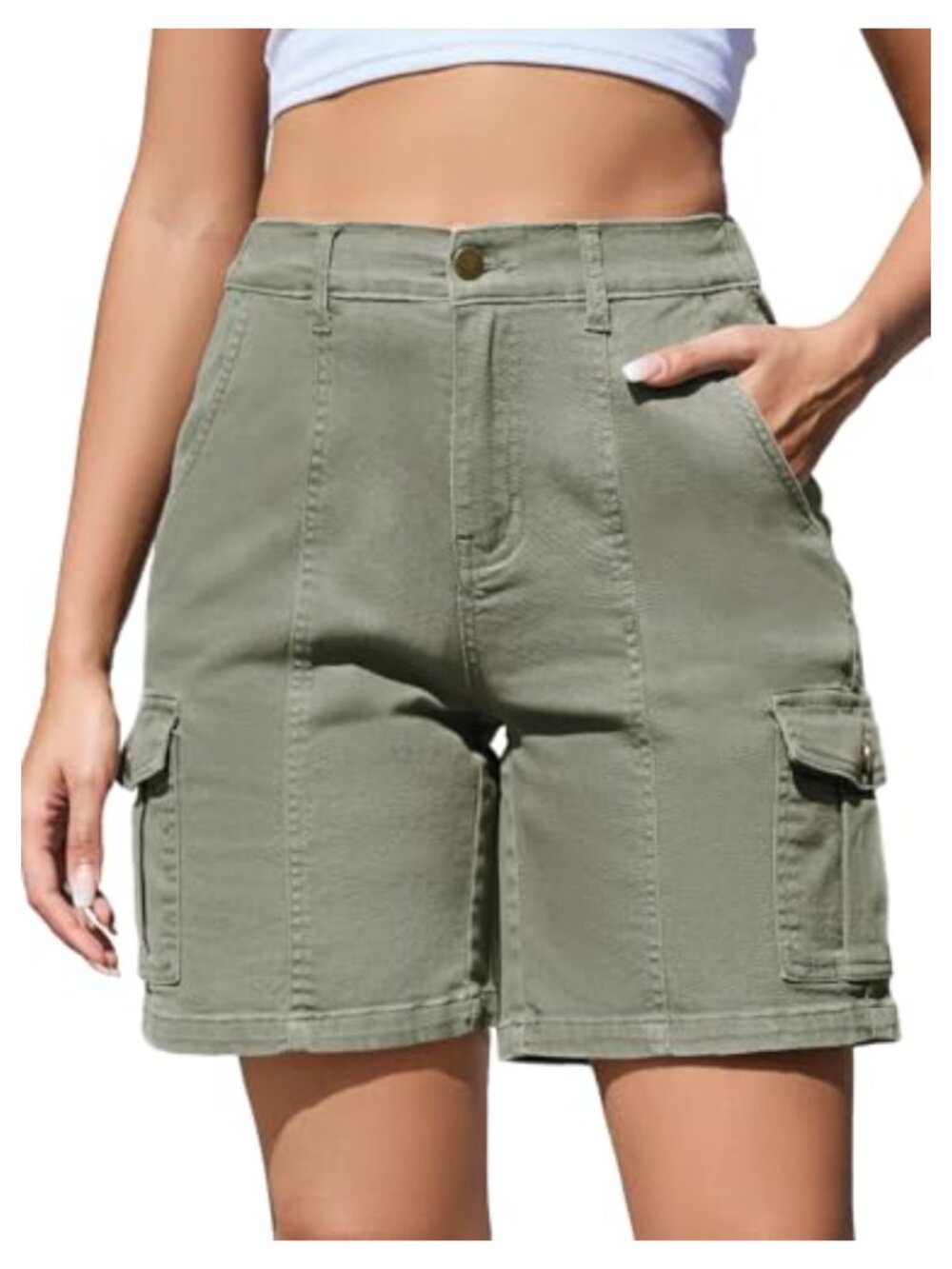 Women's Cargo Bermuda Shorts 7 Inch Inseam High Waist 6 Pockets Cotton Blend